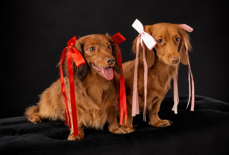 Nicole and Nora, two mini dachshunds in bows